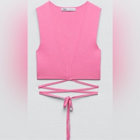 Zara Womens Pink Crop Tie String Top Pink Small NWT - Picture 2 of 12